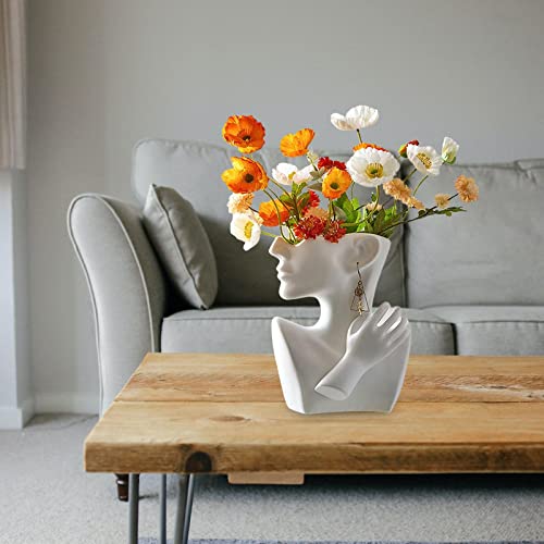 ZXQUEGF Human Head Face Vase Abstract Art Flower Pot for Tabletop Decoration, White