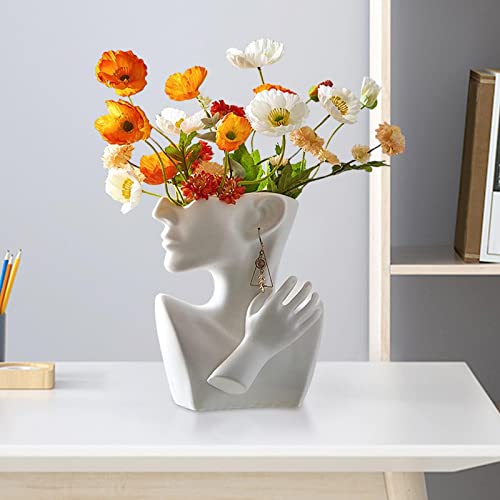 ZXQUEGF Human Head Face Vase Abstract Art Flower Pot for Tabletop Decoration, White