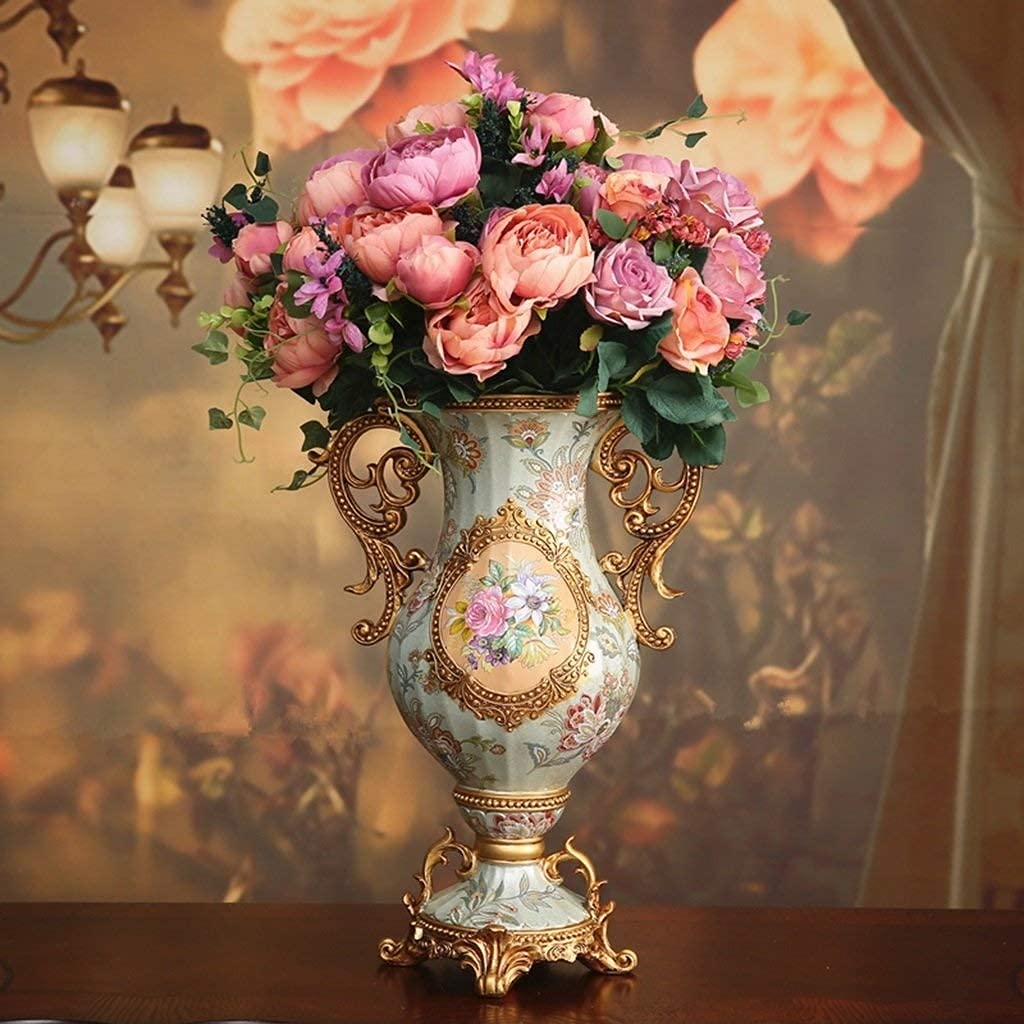 Retro Resin Large Vase for Flowers Living Dining Vase Ornament Home Kitchen Room Table Centerpiece Bedroom Office Hotel Home Decoration Tall Giant Personalised Flowers Vases Decorate Blue