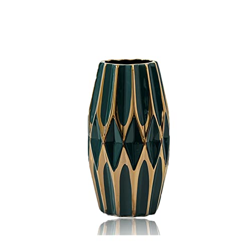 SGKOMN Flower Vases,White Vases Green Ceramic Flower Vases with Golden Decor, Modern Decoration for Hotel Decor,Vases for Flowers (Green-11 * 20.5CM)