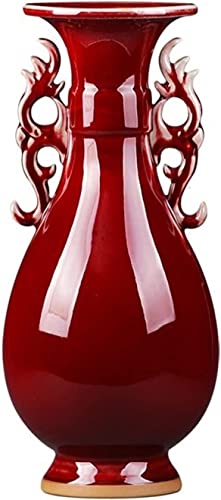 Jarrón de cerámica Rojo Exquisito, jarrón de oído Doble Antiguo Chino, artesanía de Sala de Estar y Adornos para el hogar (Color: predeterminado)