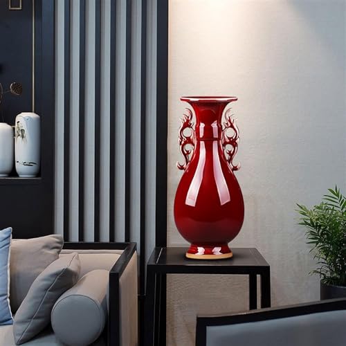 Jarrón de cerámica Rojo Exquisito, jarrón de oído Doble Antiguo Chino, artesanía de Sala de Estar y Adornos para el hogar (Color: predeterminado)
