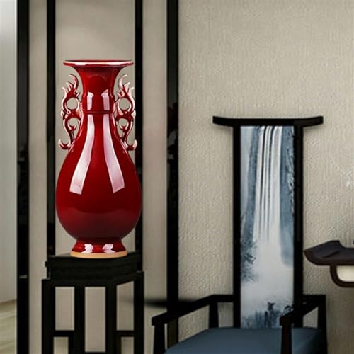 Jarrón de cerámica Rojo Exquisito, jarrón de oído Doble Antiguo Chino, artesanía de Sala de Estar y Adornos para el hogar (Color: predeterminado)