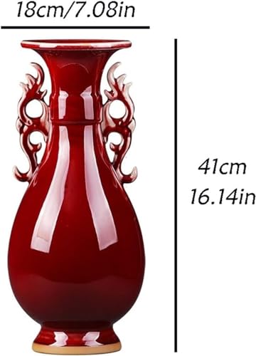 Jarrón de cerámica Rojo Exquisito, jarrón de oído Doble Antiguo Chino, artesanía de Sala de Estar y Adornos para el hogar (Color: predeterminado)